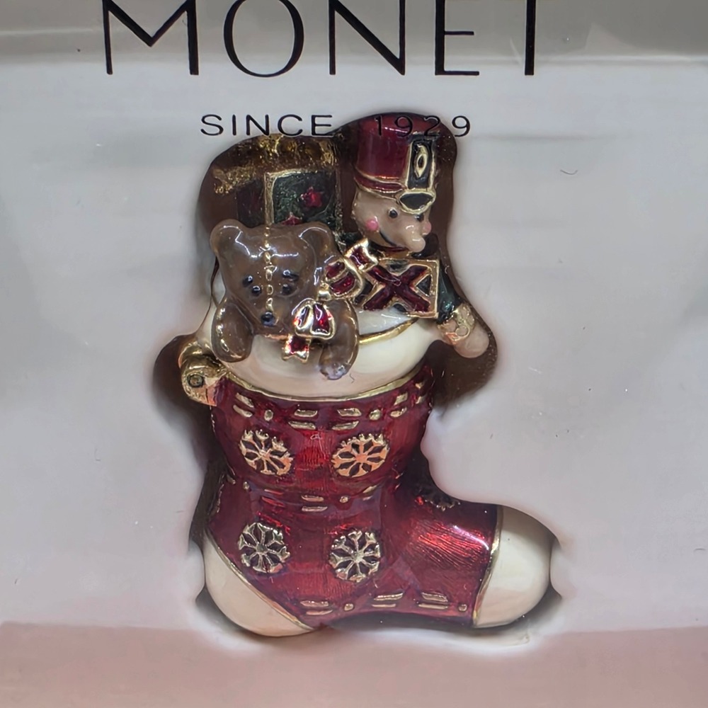 Monet Enamel Trinket/Pill Box ~ CHRISTMAS STOCKING KEEPSAKE ~ In Box